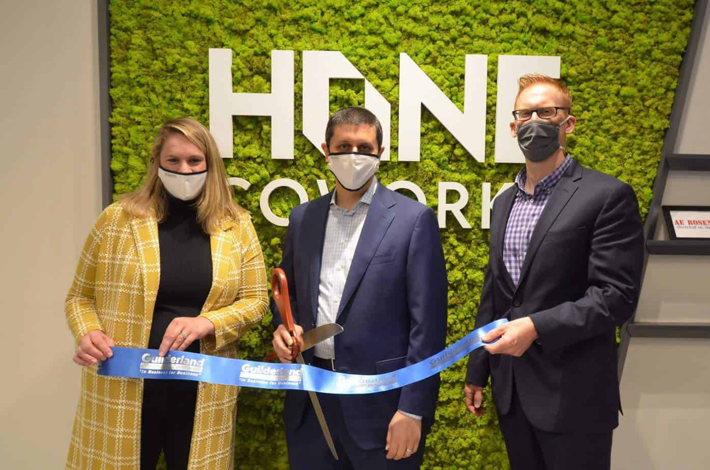 Hone Coworks Ribbon Cutting (L-R Community Manager Sara McDonnell, Seth Rosenblum, Jeff Mirel)